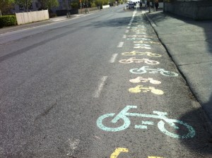 Pretty bike lanes. Notice the lack of people on bikes or on foot or in cars. 