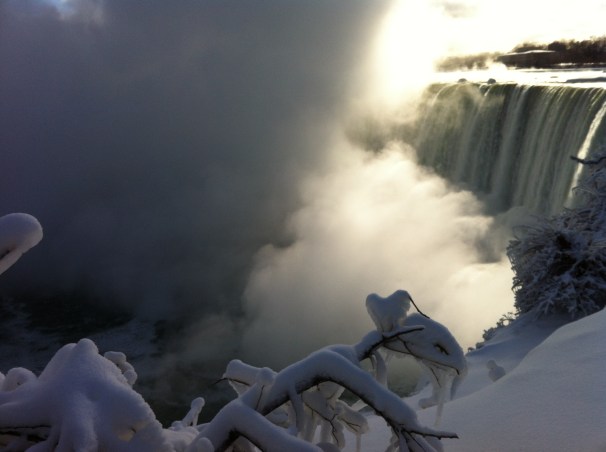 Imagine, if you will, the roaring sound of the Falls juxtaposed against the insulating silence of heavy snow.